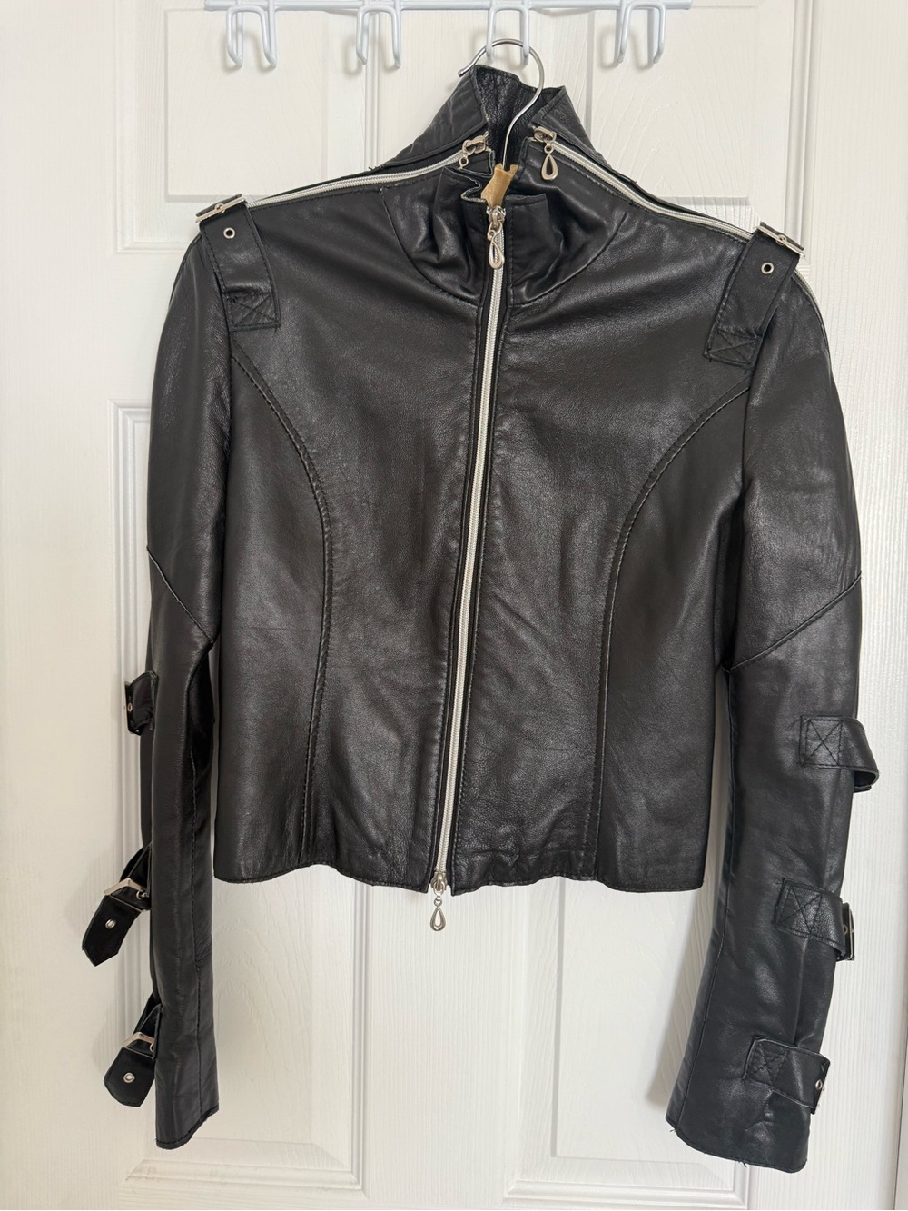 Women's Black Leather Zip-Front Jacket with Buckle Details